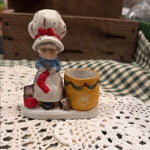 Vintage candle holder Charming Ceramic Knitting Grandma Figurine